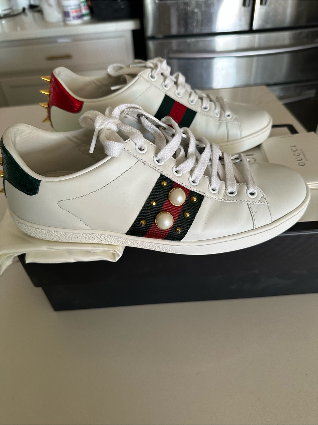 Gucci White Leather Sneakers With Red & Green Web, Gold Studs And Pearls
